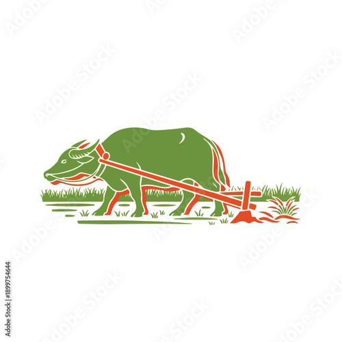 Water buffalo plowing a field, traditional farming method, agricultural symbol, vector illustration