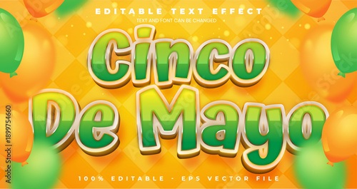 Cinco de Mayo text effect vector, Mexican holiday lettering with traditional ornaments and patterns, 3D festive fiesta typography design.