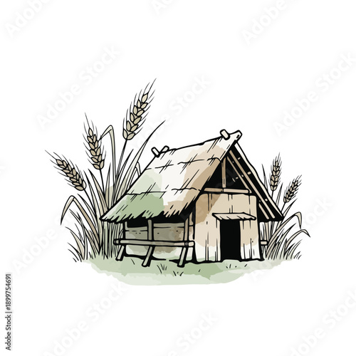 Rustic thatched hut surrounded by wheat stalks, representing rural living and agriculture in a simple, artistic style.