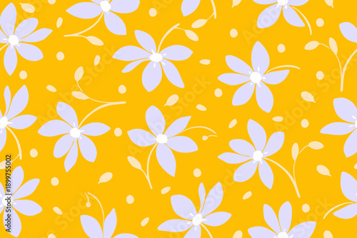 Playful seamless pattern of soft lavender flowers and tiny leaves scattered across a vibrant yellow background, creating a cheerful, modern botanical design.