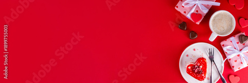 Valentine day background with heart shaped cake, hearts chocolate candies, coffee latte cup and gifts. Happy Valentines promotion background, cafe, restaurant menu mockup copy space