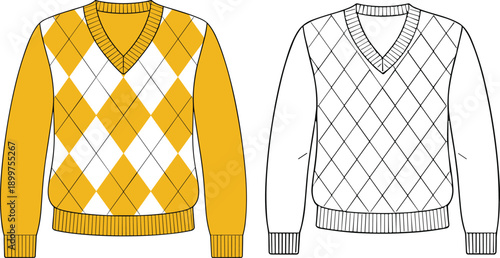 Argyle sweater vest illustration with long sleeve pullover design, classic knitted menswear apparel, flat fashion technical drawing vector set