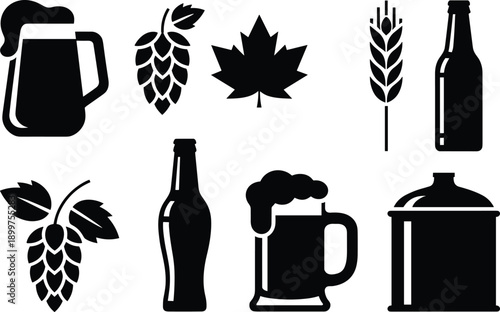 Beer brewing icons vector set, craft brewery symbols with hops barley bottles and mugs, black silhouette elements for pub, alcohol, and brewing design