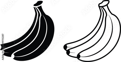 Banana silhouette illustration set with whole and peeled fruit shapes, black and white vector design for food icons, labels, and packaging