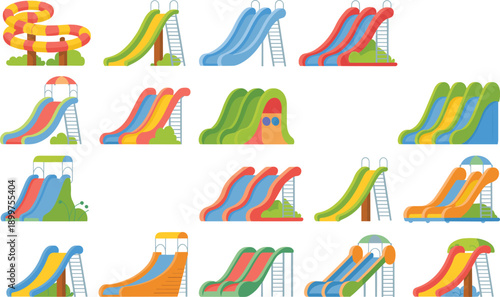 Colorful playground slide collection for kids park with water slides and outdoor play equipment, flat cartoon playground slides vector illustration set