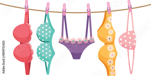 Colorful women swimwear and bikini collection hanging on clothesline, summer beach fashion lingerie style, flat cartoon swimwear vector illustration set