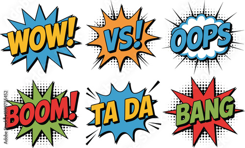 Comic book speech bubbles with pop art sound effects words wow boom bang oops ta da, colorful retro explosion shapes vector illustration set
