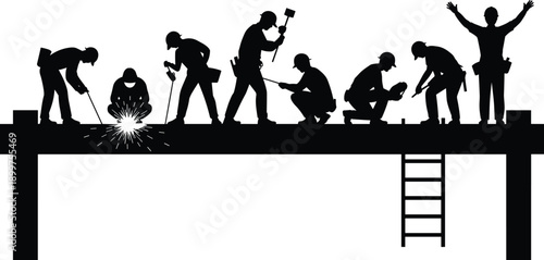 Construction workers silhouette teamwork scene with builders using tools on site, industrial labor process and safety concept, black vector illustration