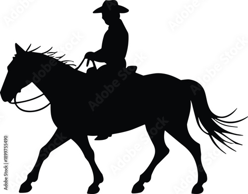 Cowboy riding horse silhouette illustration with western rider and galloping stallion, black equestrian figure vector isolated on white background