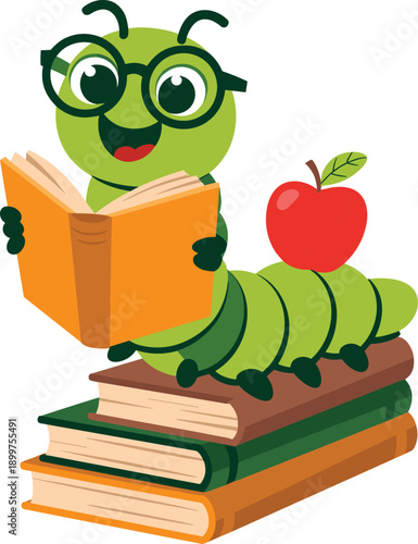 Cute bookworm caterpillar reading book on stacked books with red apple, cartoon education illustration for kids learning and school design
