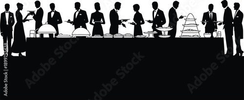 Elegant buffet dinner party silhouettes with formally dressed guests serving food, luxury catering event scene, social gathering and hospitality concept vector illustration