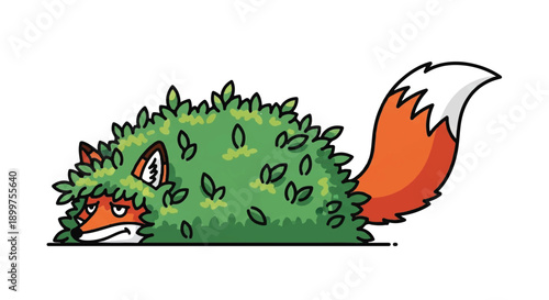 Sneaky Fox Hiding in Green Bush with Tail Poking Out, Peek-a-Boo Game Concept, Vector Animal Character