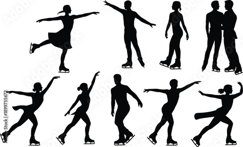 Figure skating silhouettes set with male and female ice skaters in dynamic poses, winter sport illustration for competition, training, choreography and motion design