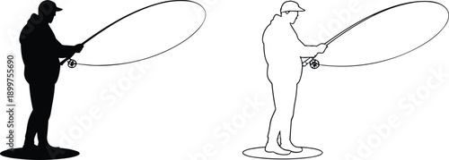 Fishing man silhouette casting rod illustration with fly fishing line action, angler outdoor sport activity concept, black and white vector design