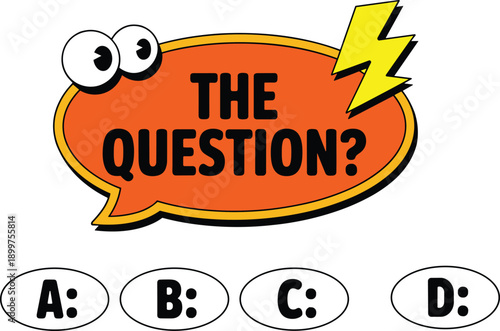 Funny quiz question speech bubble illustration with cartoon eyes and lightning, multiple choice answer buttons A B C D, colorful educational game design