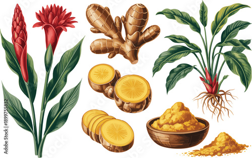 Ginger root botanical illustration set with fresh plants, sliced rhizome and powdered spice, medicinal herb collection, detailed natural vector artwork