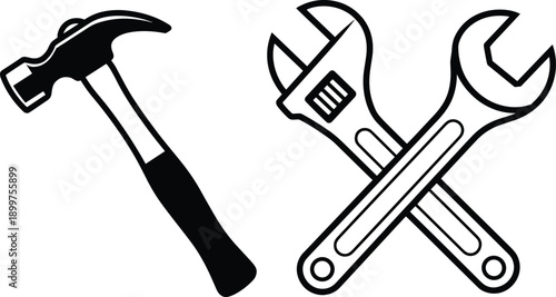 Hand tools icons vector illustration set, hammer and crossed wrenches silhouettes, repair construction maintenance symbols for workshop, industry, engineering and DIY design
