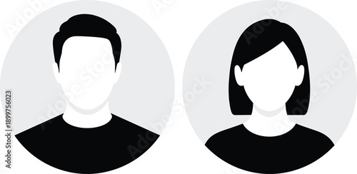 Male and female avatar silhouettes in circular frames, minimal black-and-white vector icons, user profile placeholders, flat design, editable, modern isolated background