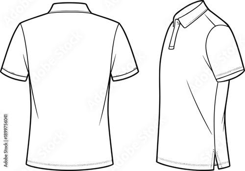Men polo shirt technical drawing vector, front and side views apparel template, short sleeve collar t shirt outline for fashion design, clothing production