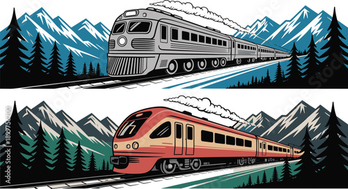 Passenger train travel illustration set, modern and vintage railway locomotives through mountain landscapes, scenic rail journey, transportation poster design, adventure tourism vector