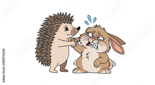 Compassionate Hedgehog Comforting Anxious Rabbit, Empathy and Friendship Concept, Hand Drawn Vector Illustration