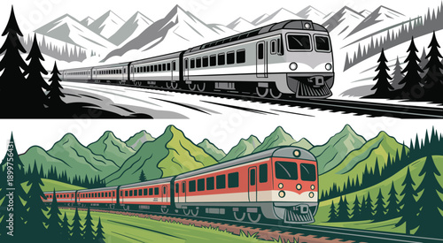 Scenic passenger train travel illustration set, modern railway locomotives crossing mountain landscapes, colorful and monochrome rail journey, transportation poster vector design