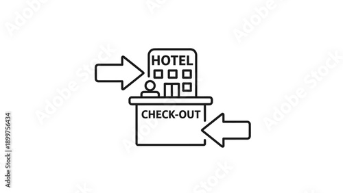 Hotel check-out process icon with building and guest