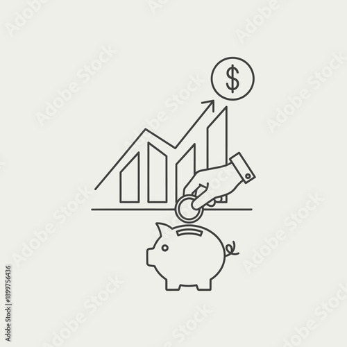 Hand puts coin into piggy bank with growing financial graph
