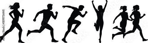 Running people silhouette vector set, male and female joggers in dynamic poses, fitness workout icons for sports, marathon training, health and lifestyle promotion