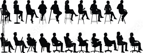 Seated people silhouettes vector collection, men and women sitting on chairs and stools, human posture icons for office, interview, meeting and presentation design