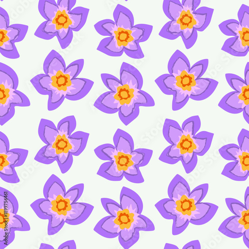 Floral background with purple crocuses. Modern cute delicate background with spring plants. Vector