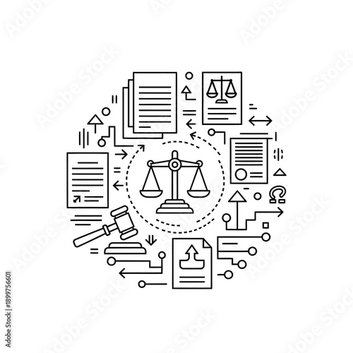 Legal process concept with justice scales and documents line art