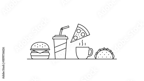 Line art icons of popular fast food and drinks on white