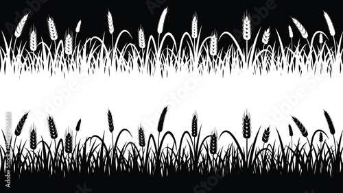 A black and white illustration of grass and wheat on a gradient background