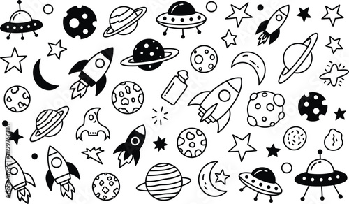 A black and white illustration of various space objects, including planets, stars, rockets, and UFOs, scattered across a plain background.