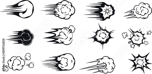 A collection of black and white comic book style explosion and speed effect illustrations on a white background