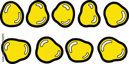 A cartoon illustration of ten yellow potatoes with black outlines on a white background