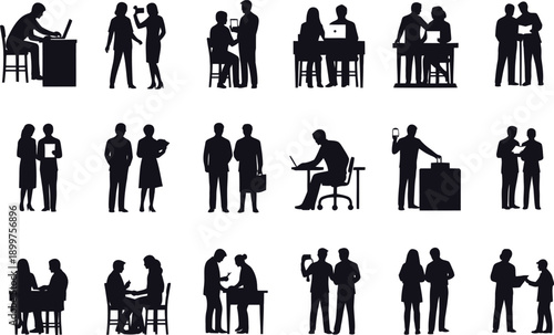 A collection of black silhouettes depicting business professionals in various office settings and interactions.