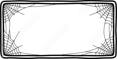 A black and white illustration of a rectangular frame with spider webs in the corners on a white background.