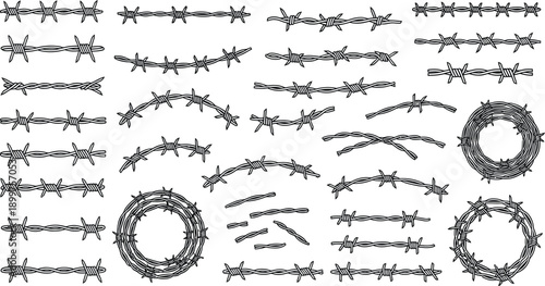 A collection of various barbed wire designs and shapes on a white background