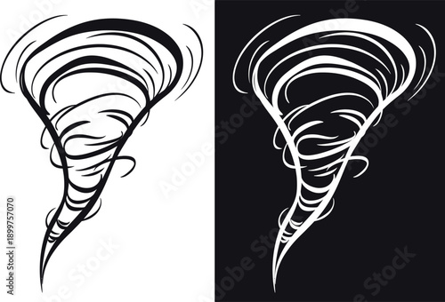 A stylized illustration of two tornadoes on contrasting black and white backgrounds
