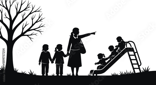 A teacher leads a group of children on a playground with a slide and a bare tree in the background.