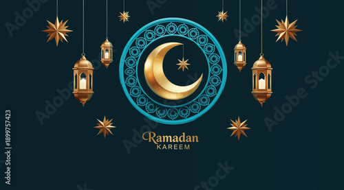 Ramadan kareem greeting with crescent moon and lanterns