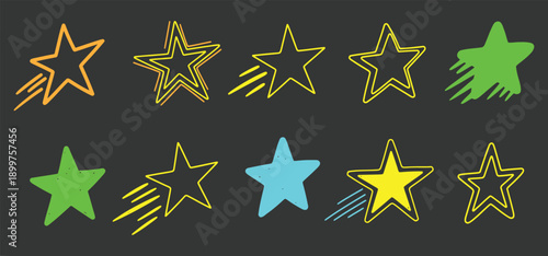 A colorful illustration of various star shapes and designs on a dark background