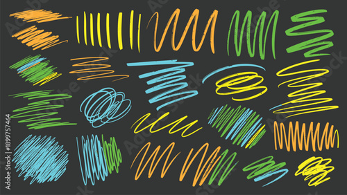 A colorful illustration of various scribbles and squiggles in green, blue, and yellow on a dark background.