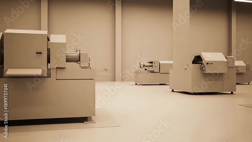 Industrial Printers in a Large Room.