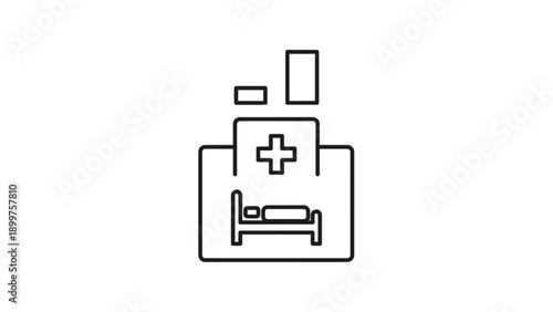 Outline icon of hospital building with medical cross and bed