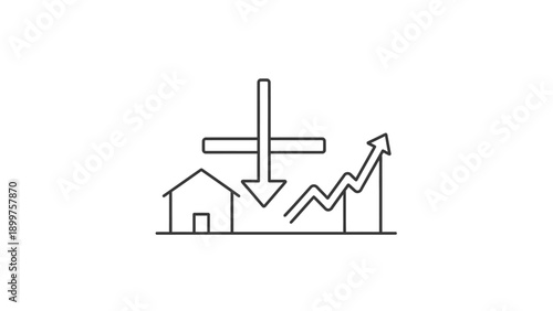 Property house down arrow and upward graph line icon