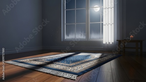 Blue prayer rug on wooden floor with moonlit window and night sky