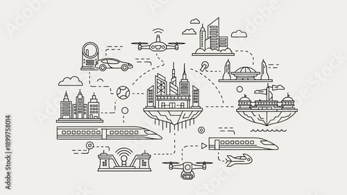 Smart city future transportation and urban network line illustration